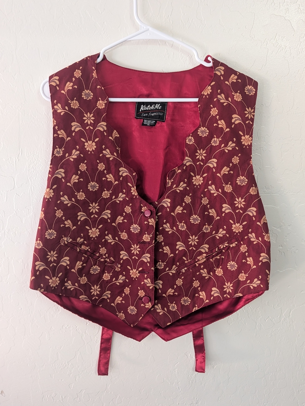 VTG 90s Katch Me San Francisco Tapestry Vest Floral Burgundy Boho Western XL